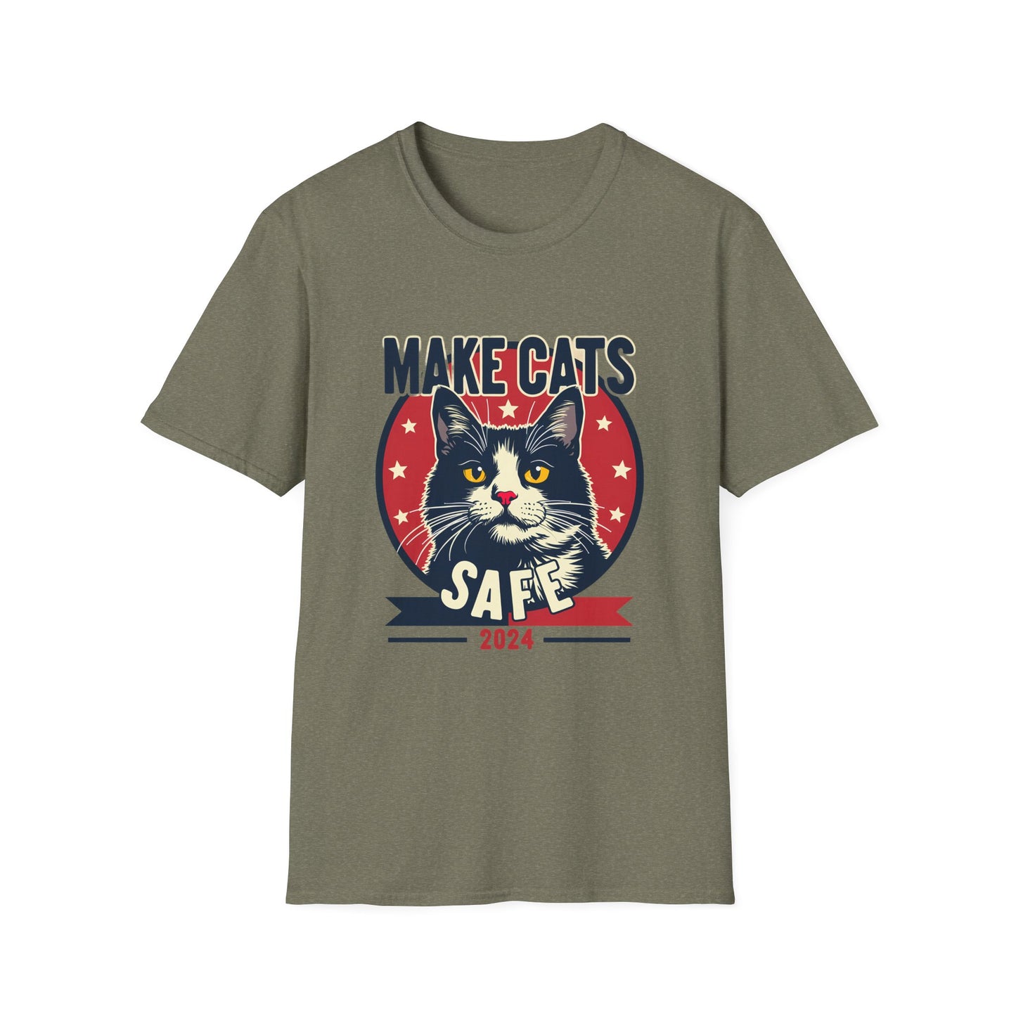 Make Cats Safe 2024 Campaign Poster with Adorable Cat and Stars T-Shirt