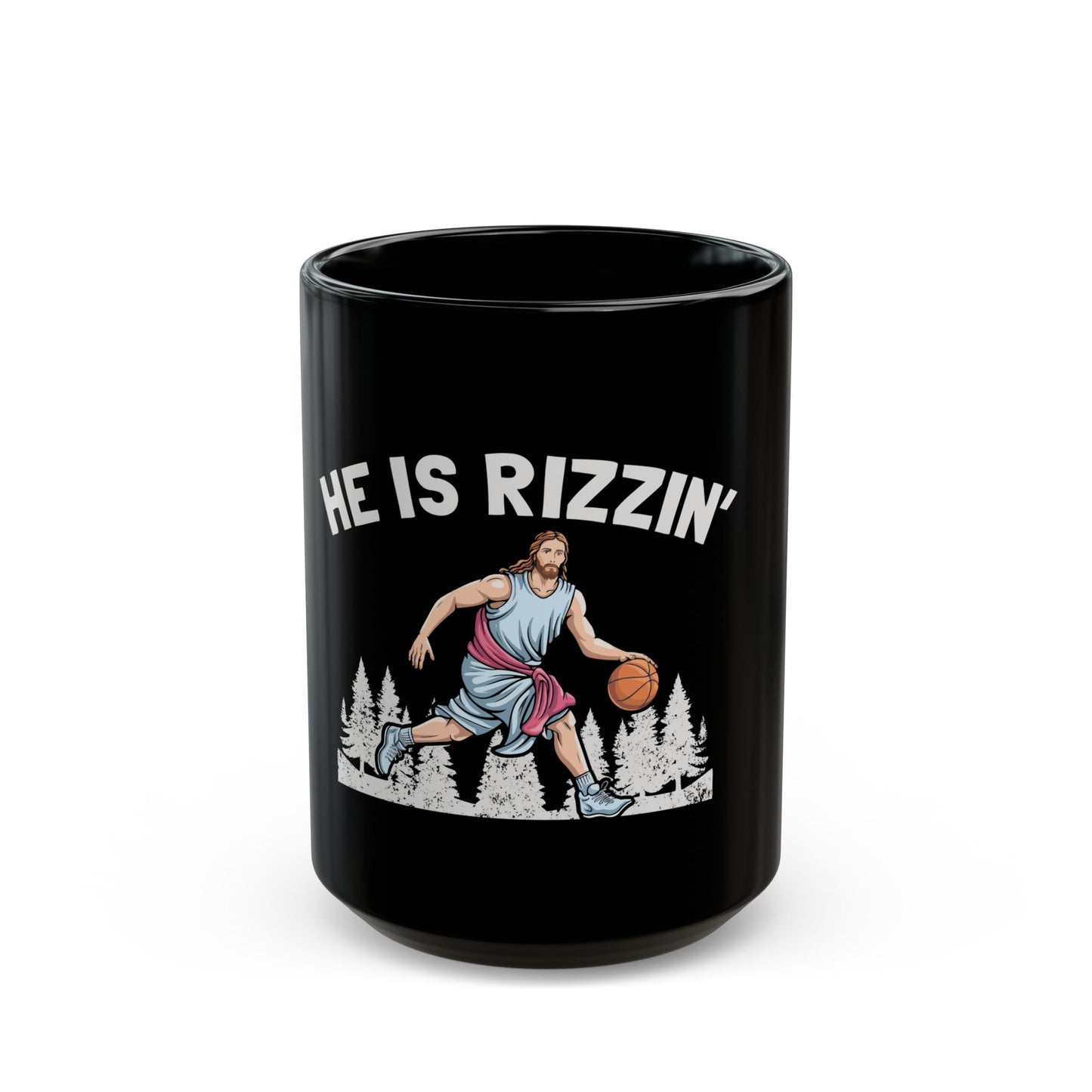 He Is Rizzin' Basketball Icon in Nature Scene Ceramic Mug