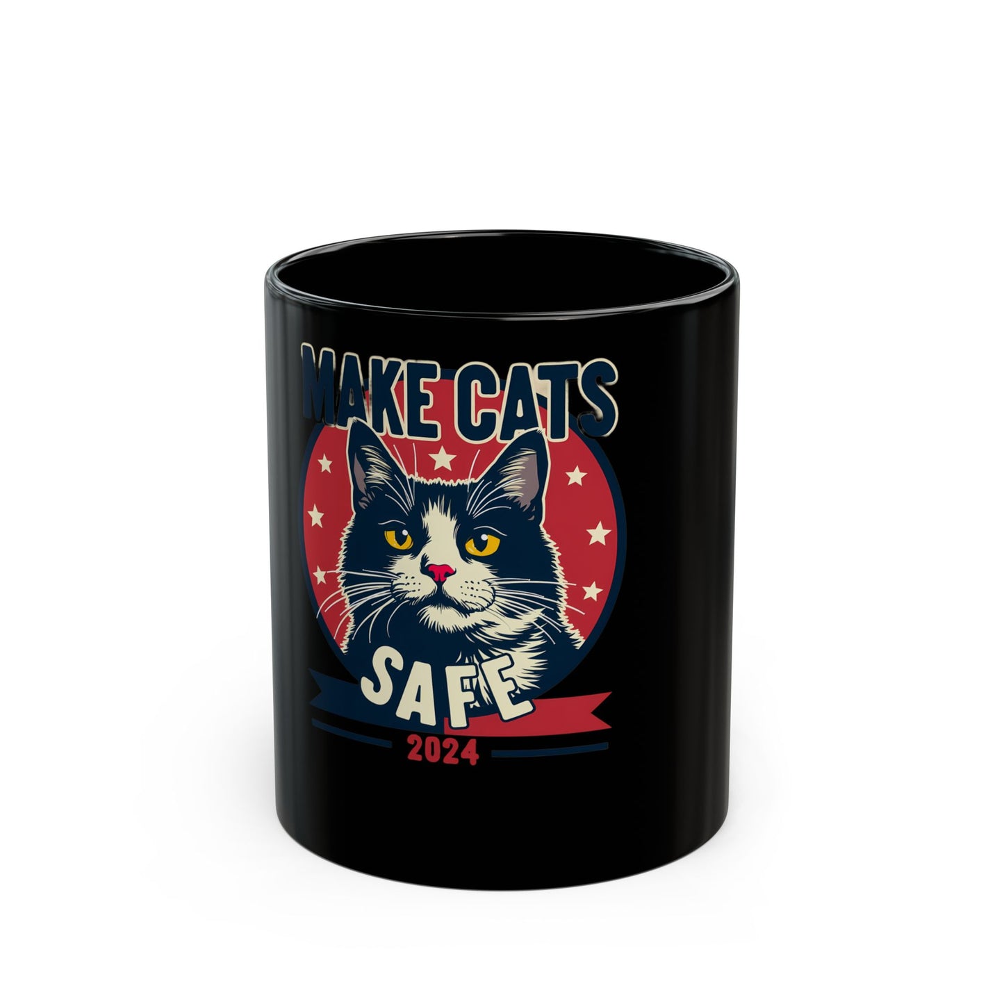 Make Cats Safe 2024 Campaign Poster with Adorable Cat and Stars Ceramic Mug