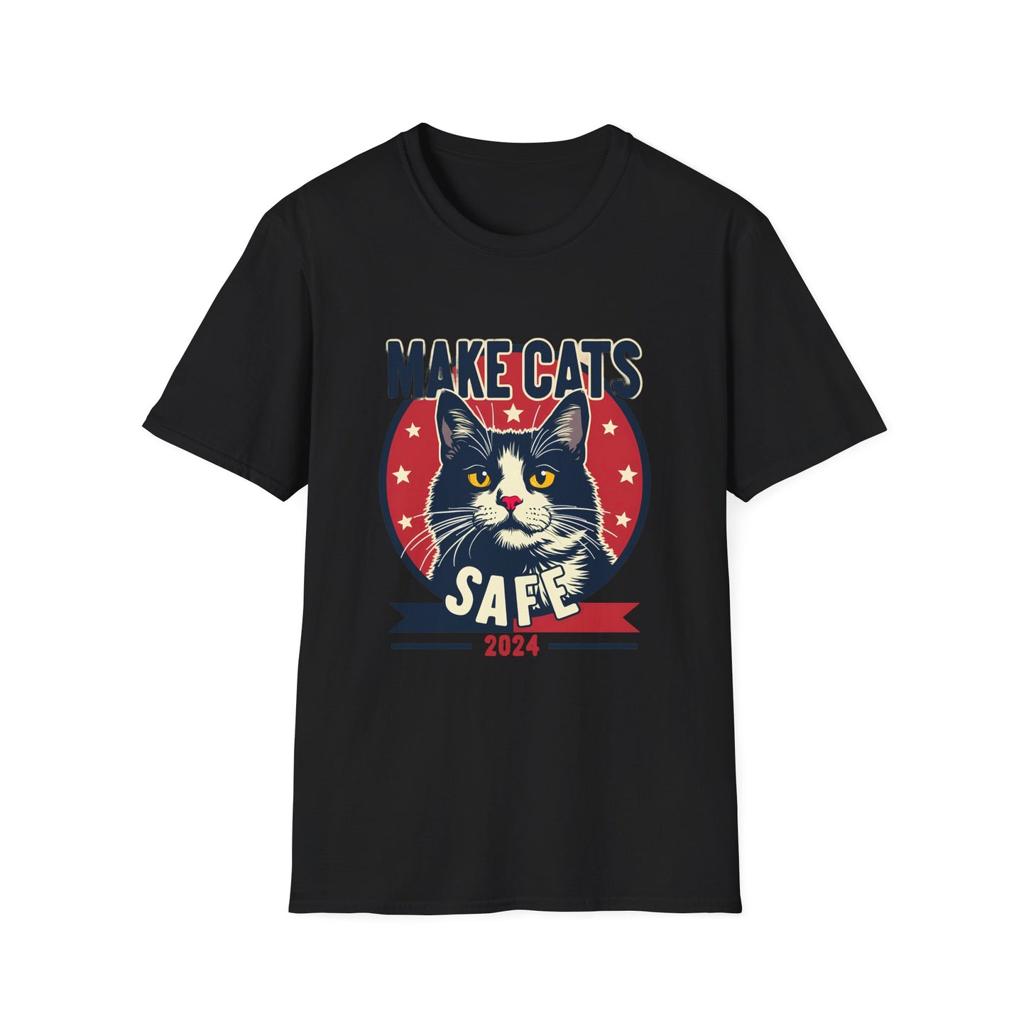 Make Cats Safe 2024 Campaign Poster with Adorable Cat and Stars T-Shirt