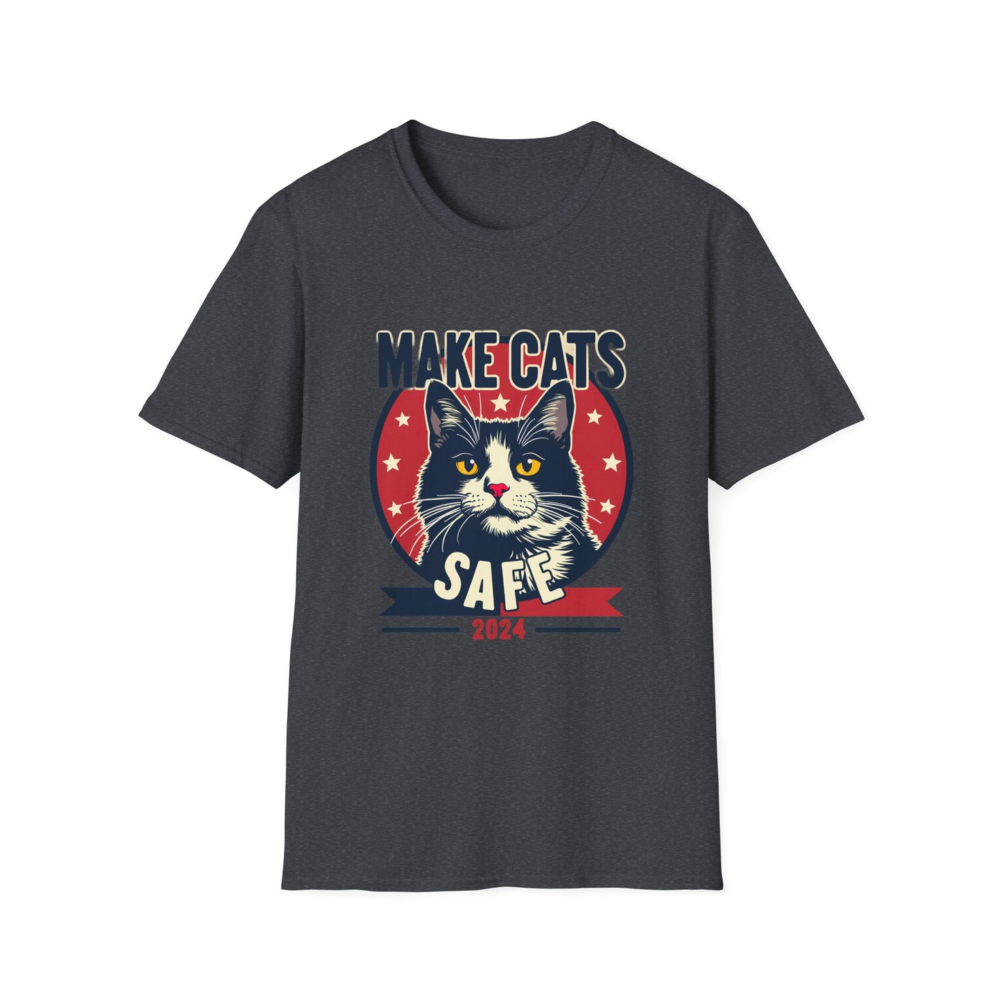 Make Cats Safe 2024 Campaign Poster with Adorable Cat and Stars T-Shirt